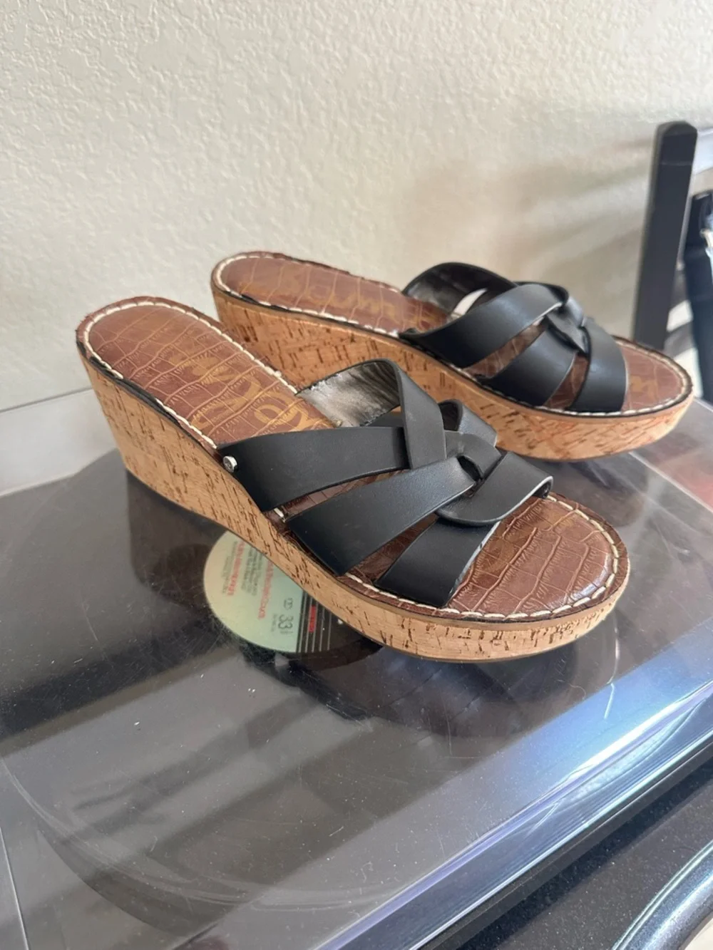 Sam Edelman Black Leather Cork Wedge Sandals